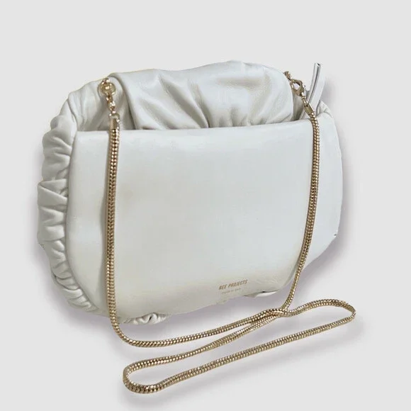 $835 Ree Projects Women's White Lily Ruched Leather Shoulder Clutch Purse Bag
